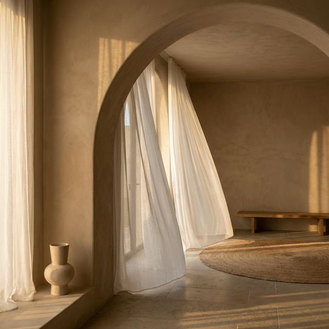 Arched interior doorway with curtains